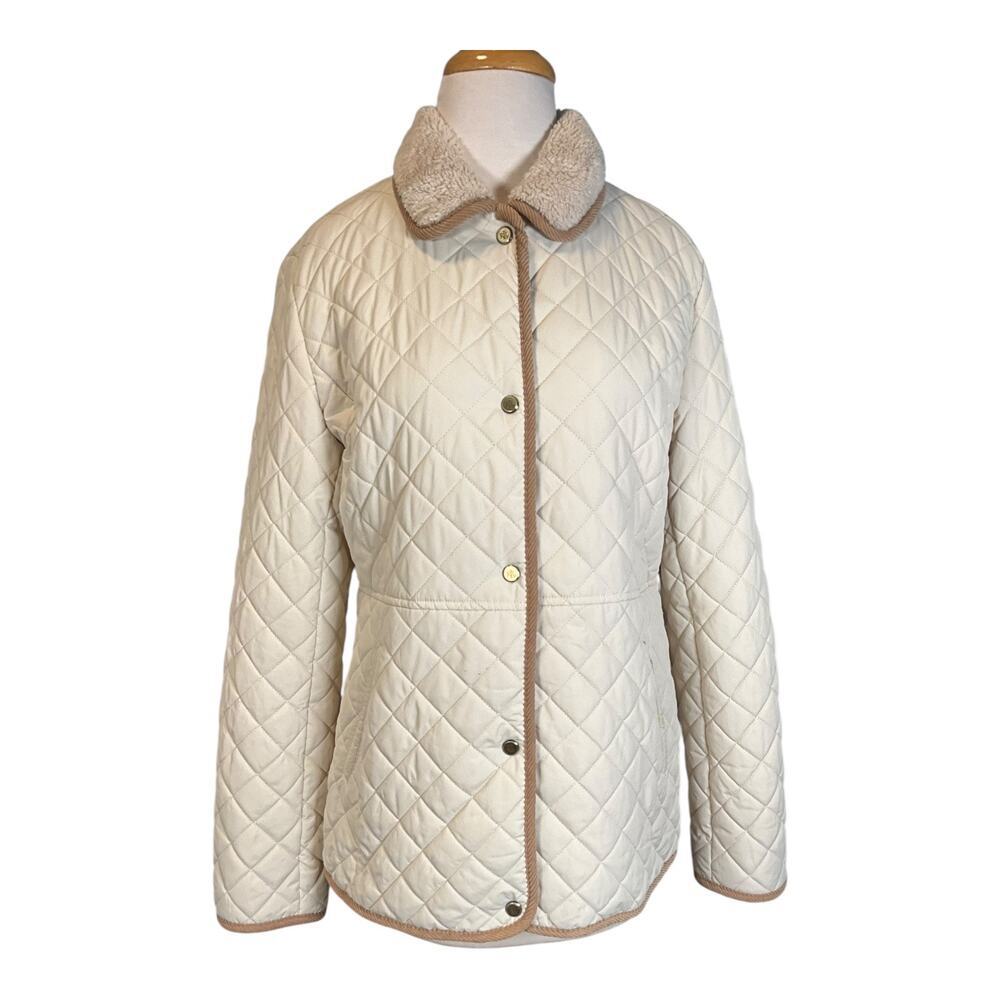 Old Money Lauren Ralph Lauren Cream Quilted Sherpa Collar Button Front Size L